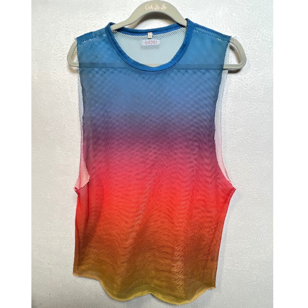 Barcode Mens Mesh Tank Top Large Multicolor Ombre Gradient Rave Festival Shirt